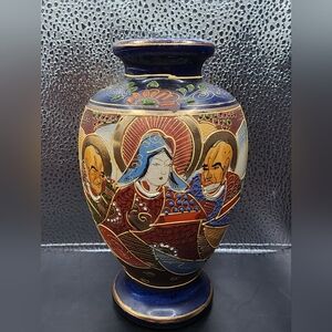 Vintage Japanese Satsuma Pottery Vase with Raised Enamels on a Blue Ground